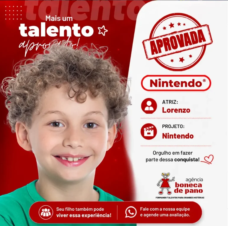 Card de aprovação: Lorenzo, talento da Agência Boneca de Pano, aprovado em campanha da Nintendo