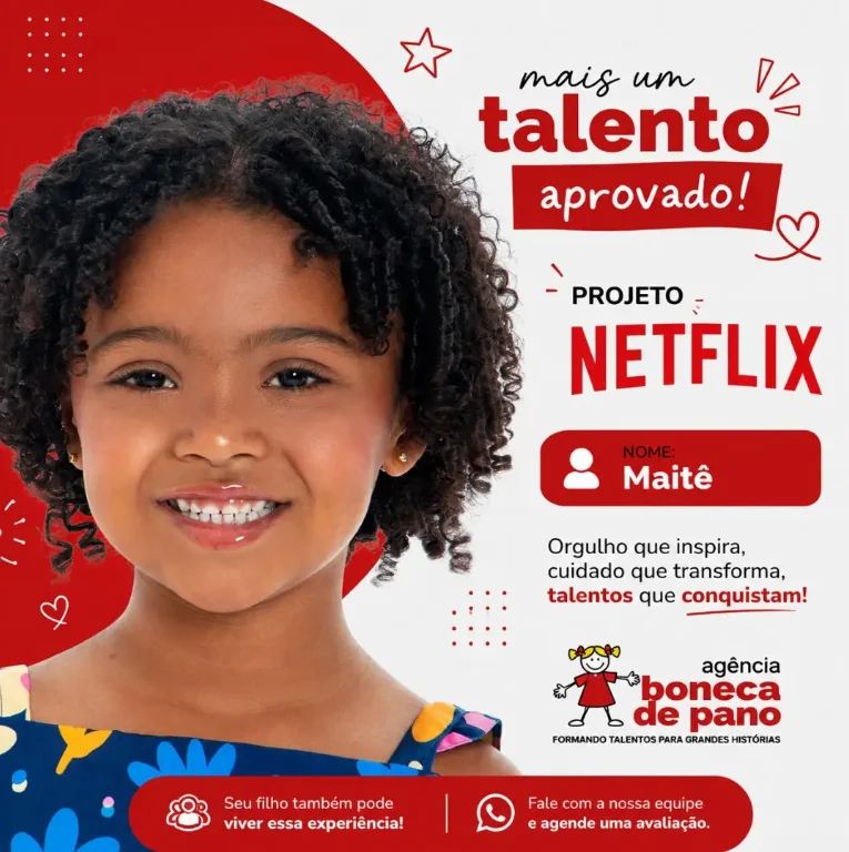 Card de aprovação: Maitê, talento da Agência Boneca de Pano, aprovada em projeto da Netflix