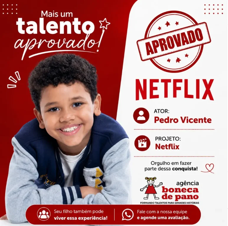 Card de aprovação: Pedro Vicente, talento da Agência Boneca de Pano, aprovado para produção da Netflix